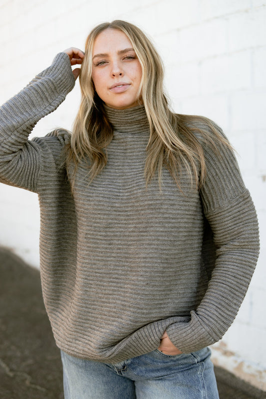 grey mockneck sweater with textured knit