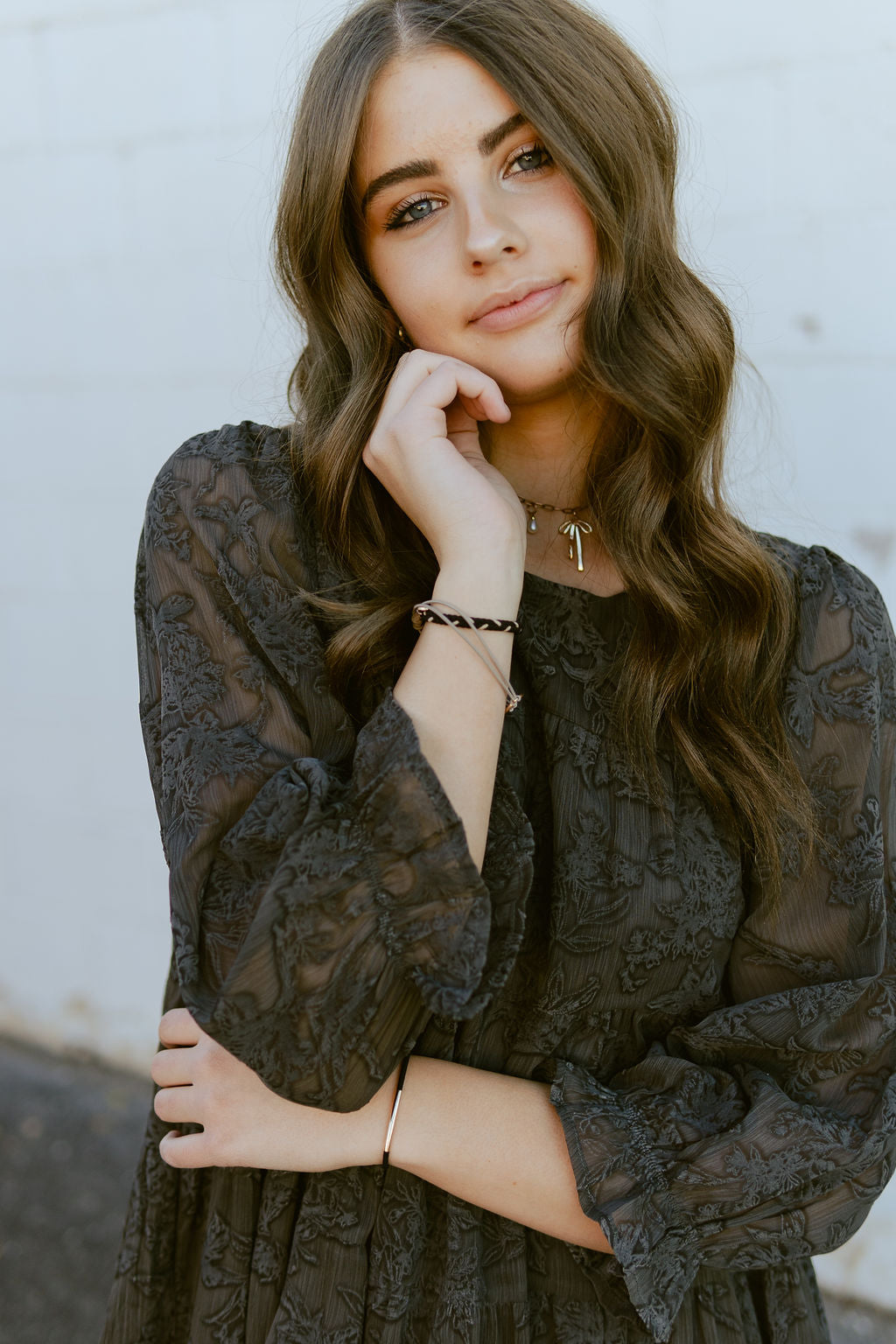 Gray dress with gray embroidered floral pattern all over