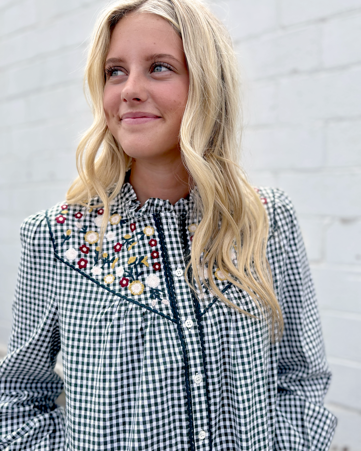 Green gingham button up top with embroidered flowers 
