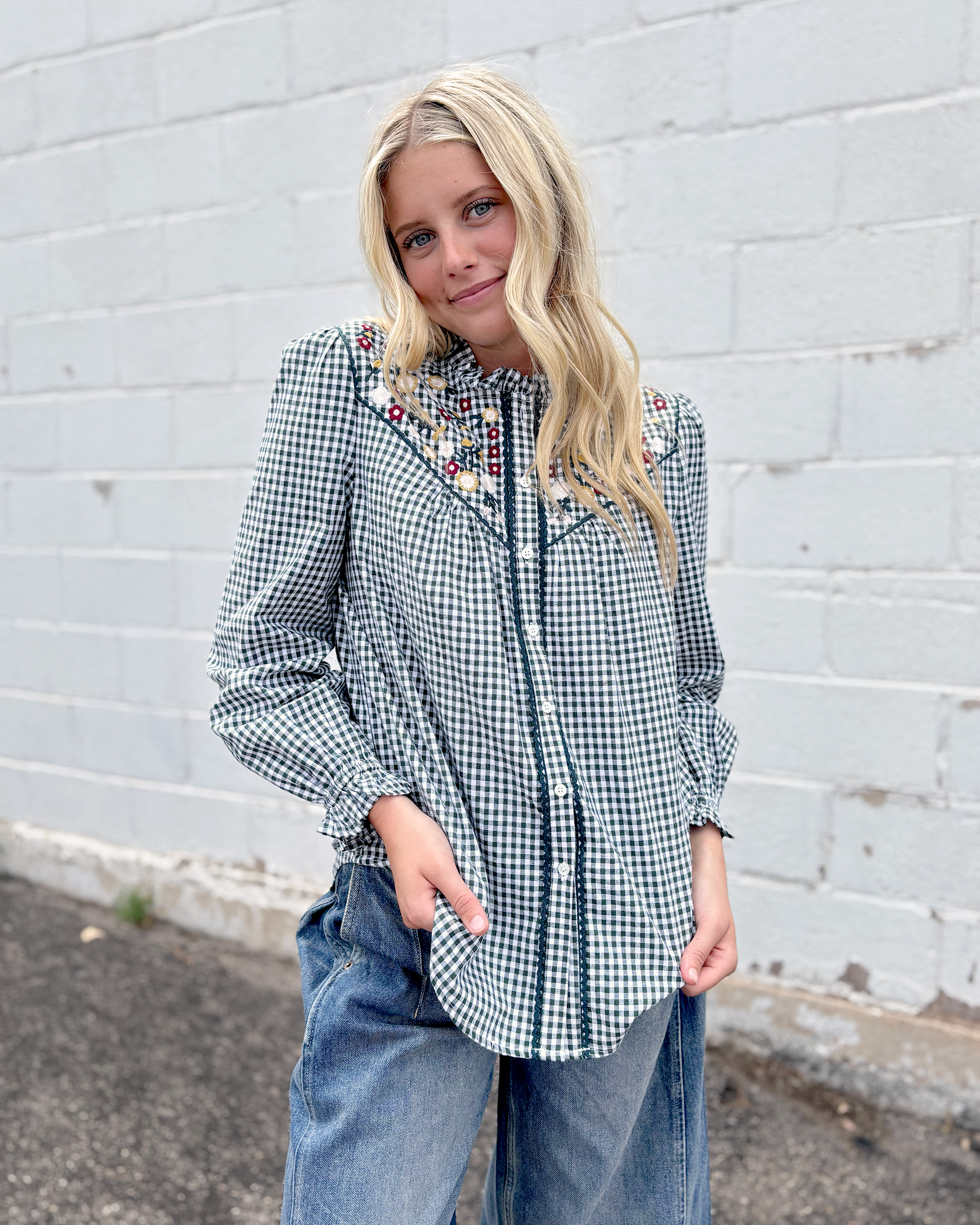 Green gingham button up top with embroidered flowers 