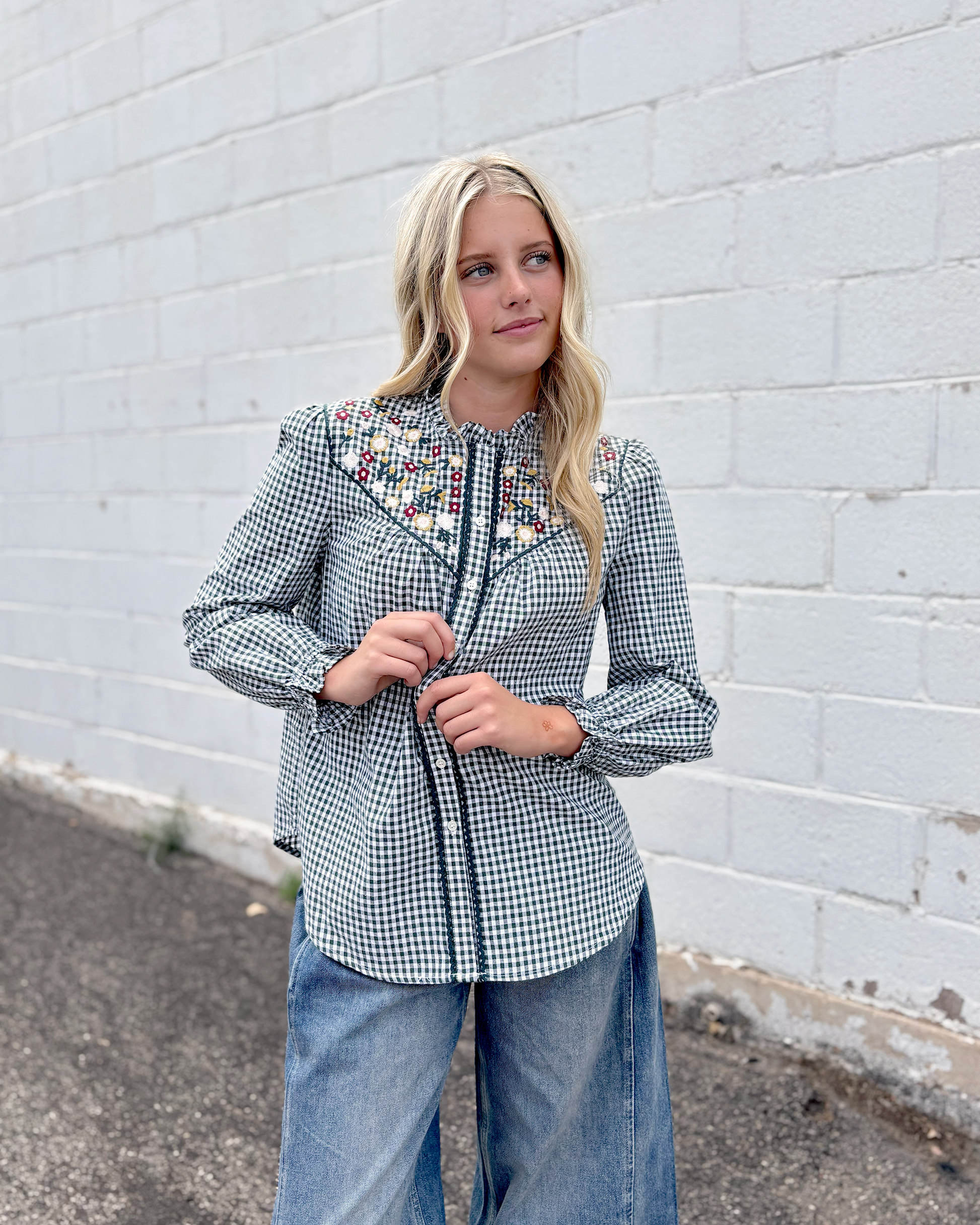 Green gingham button up top with embroidered flowers 