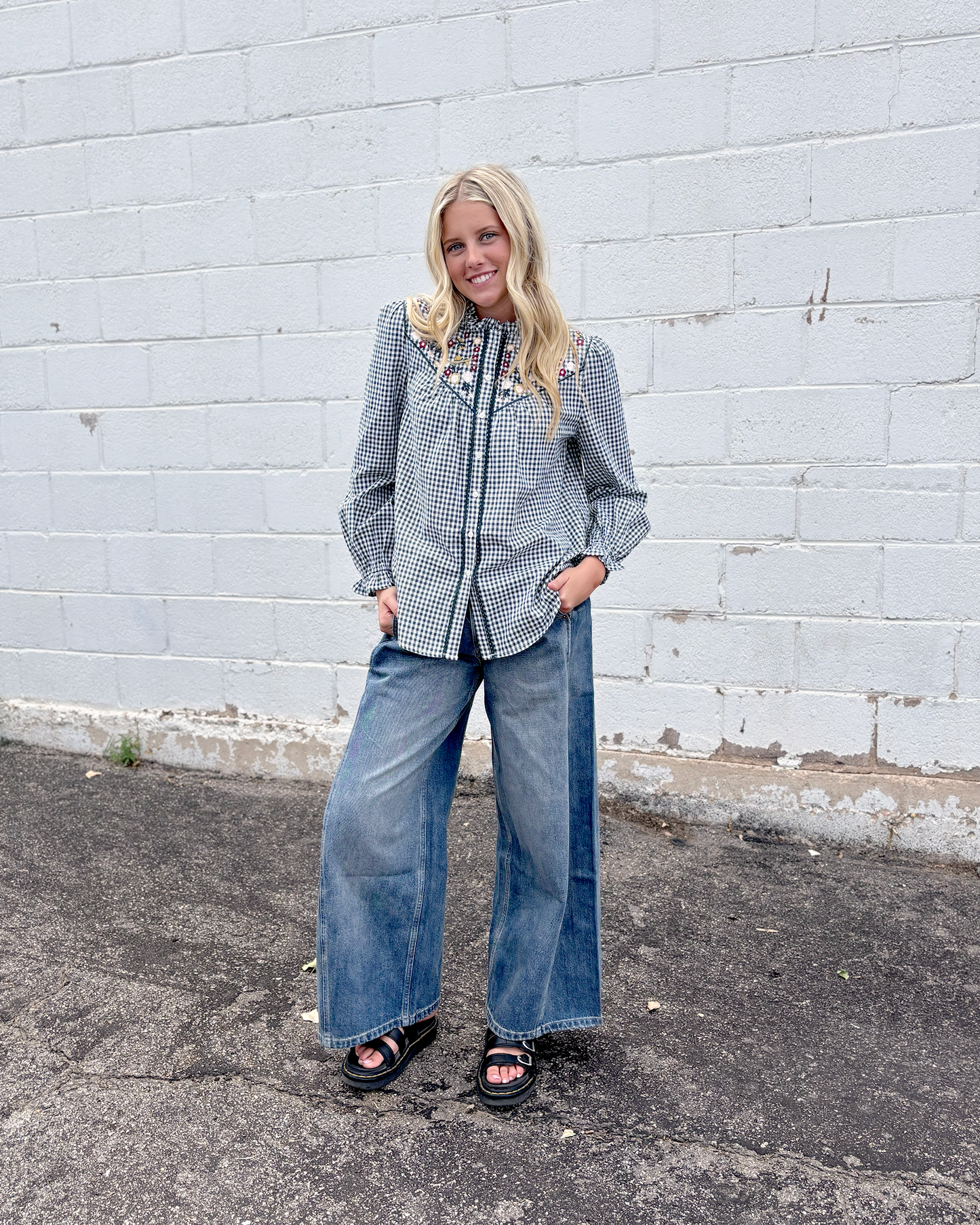 Green gingham button up top with embroidered flowers 