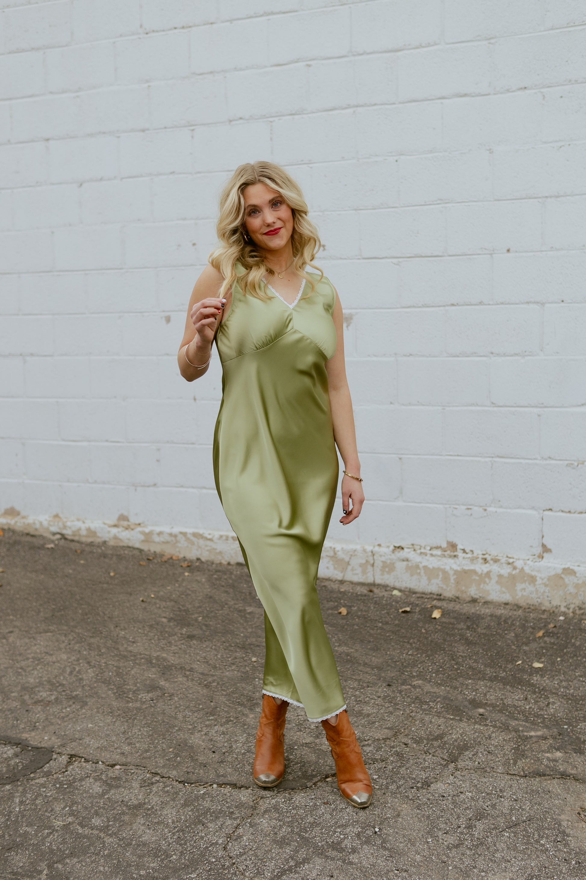Light green silk dress with v neck and lace trim