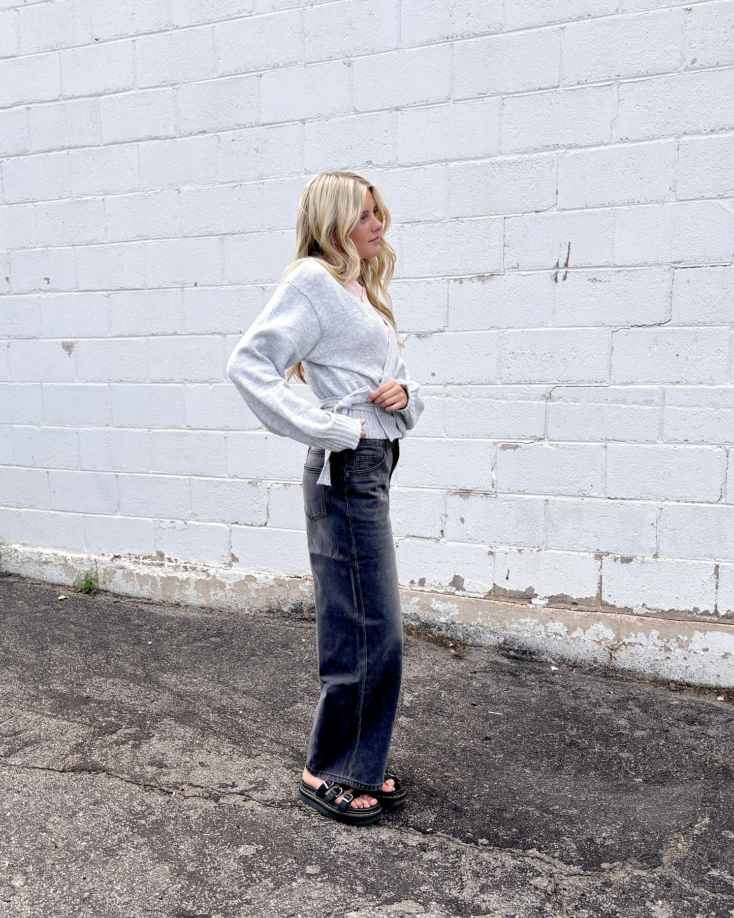 Grey wrap sweater with long sleeves