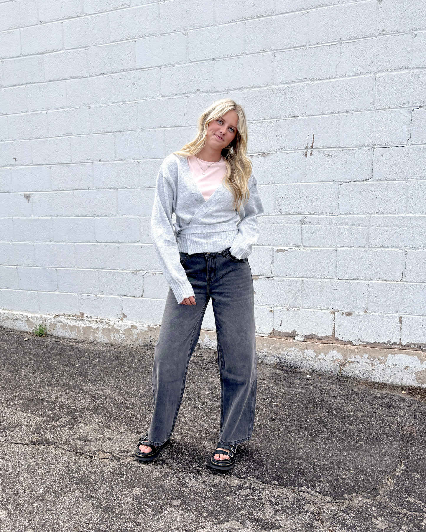 Grey wrap sweater with long sleeves