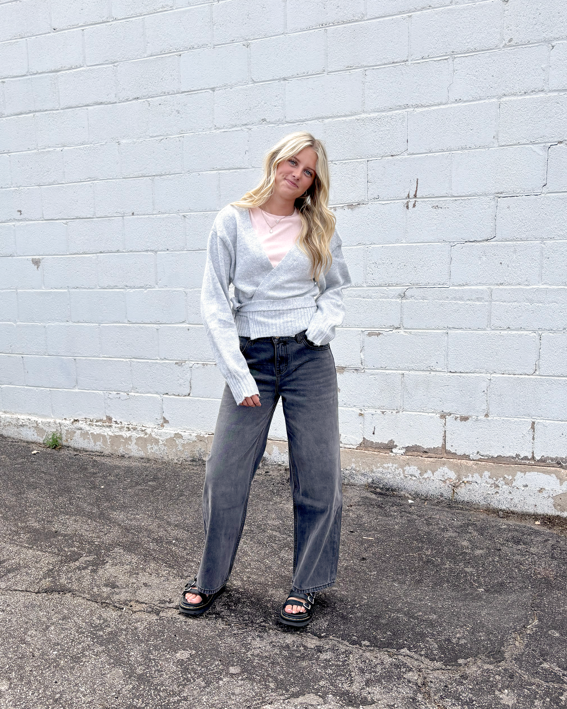 Grey wrap sweater with long sleeves