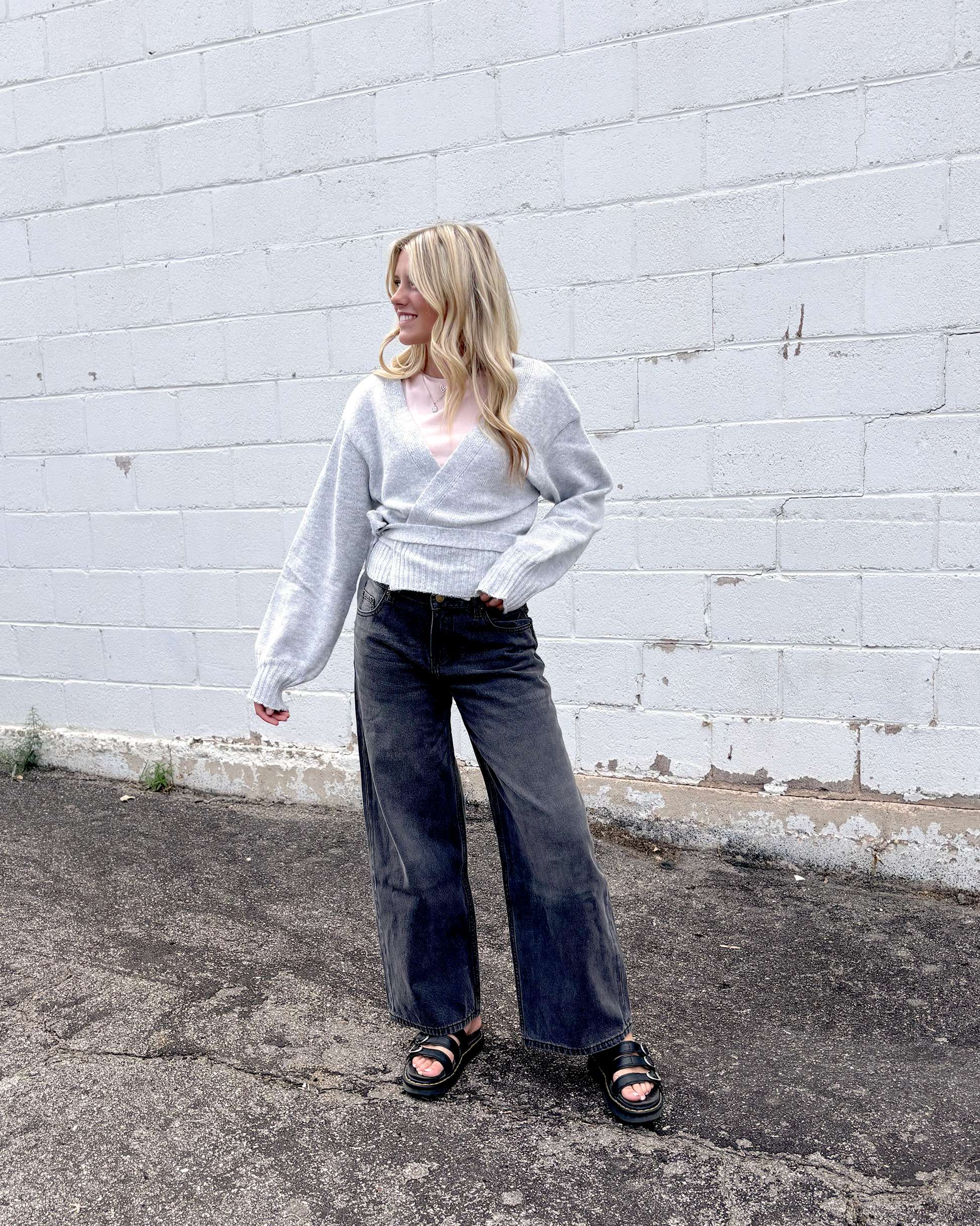 Grey wrap sweater with long sleeves