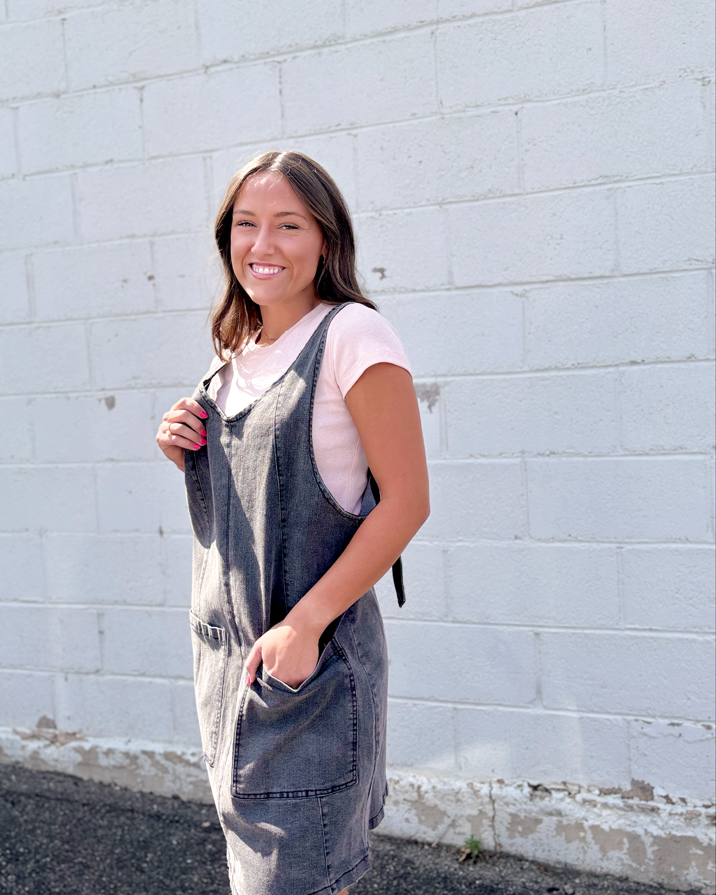a gray denim overall dress 