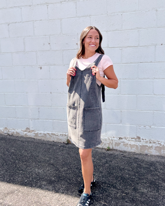 a gray denim overall dress 