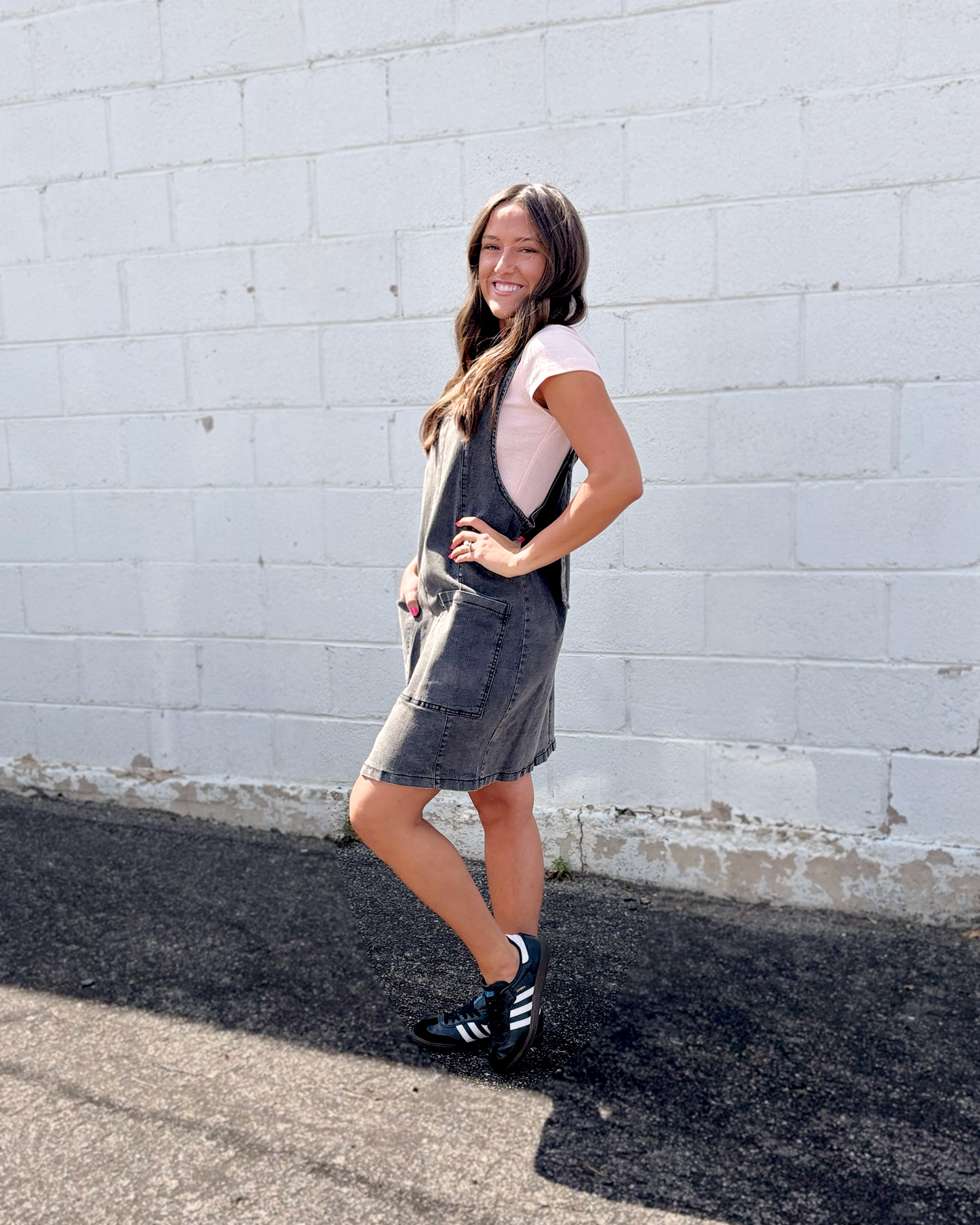 a gray denim overall dress 