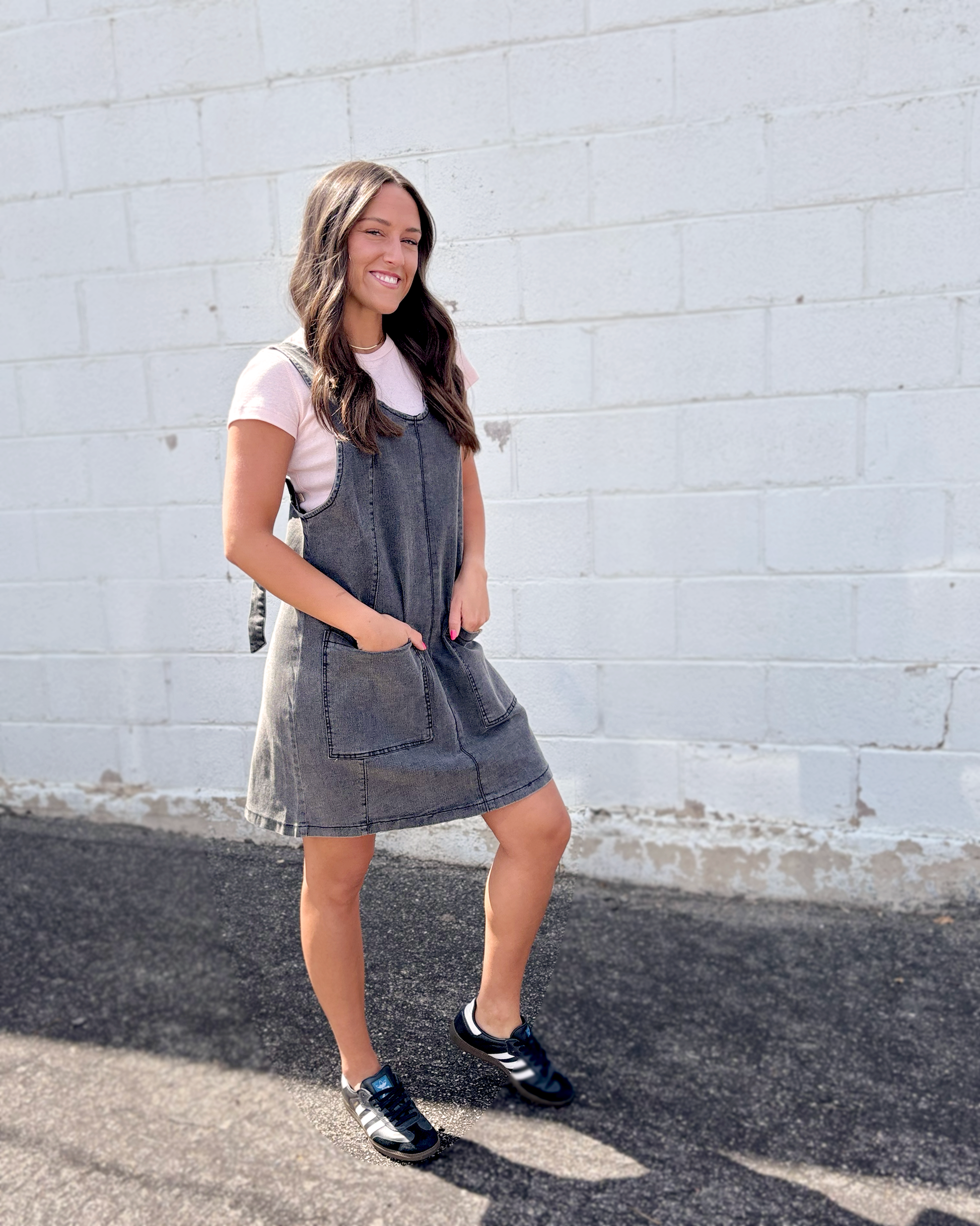 a gray denim overall dress 