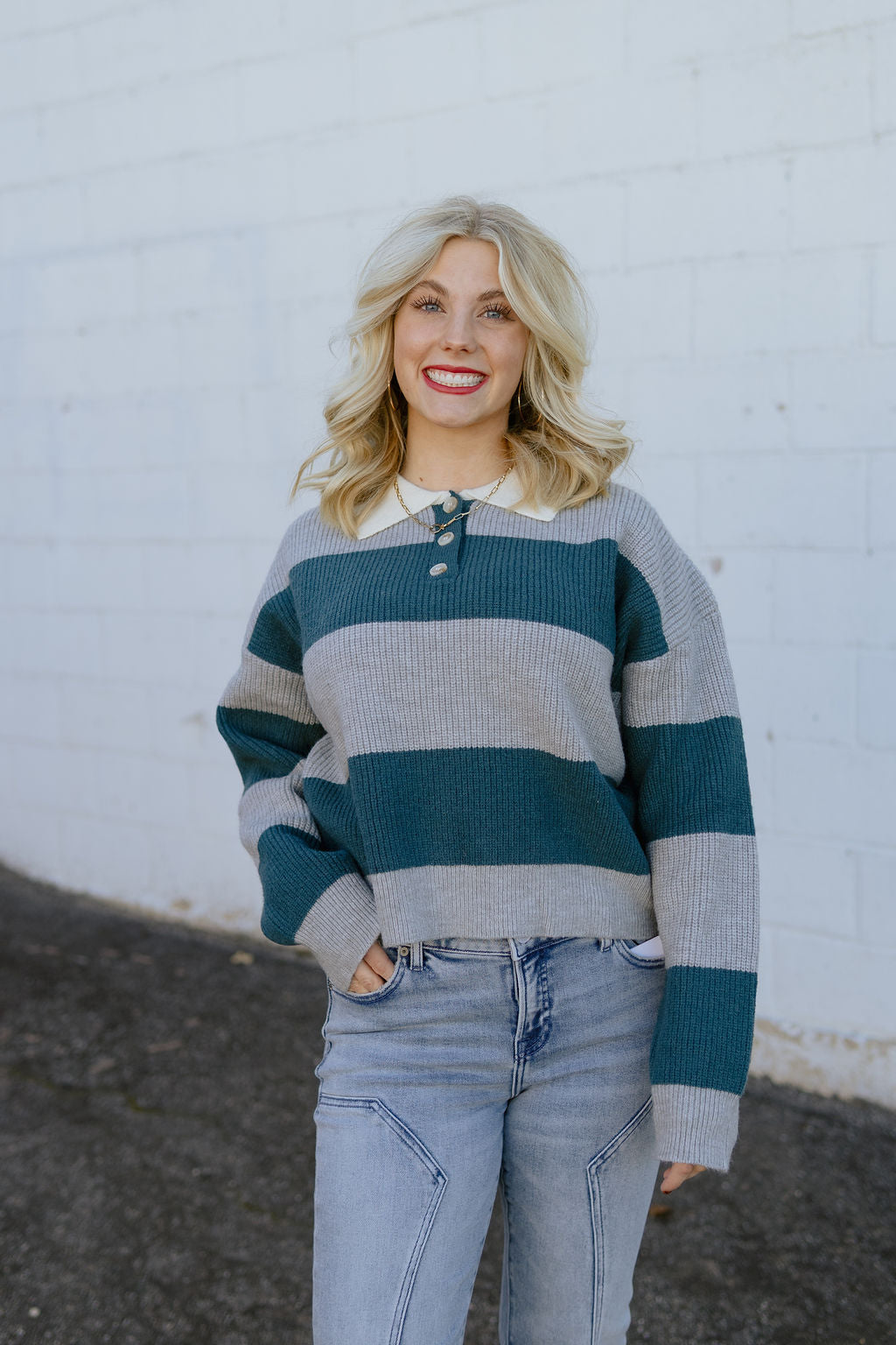 Henley knit sweater in teal and grey with ivory collar