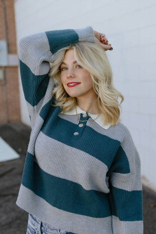 Henley knit sweater in teal and grey with ivory collar
