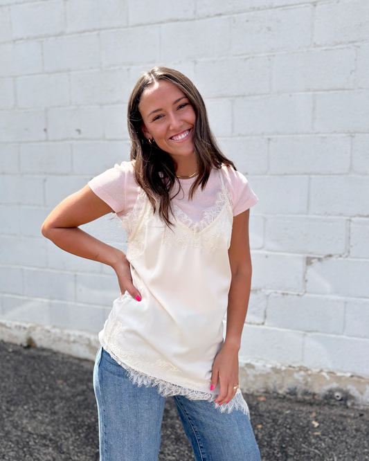 Satin slip top with lace trim