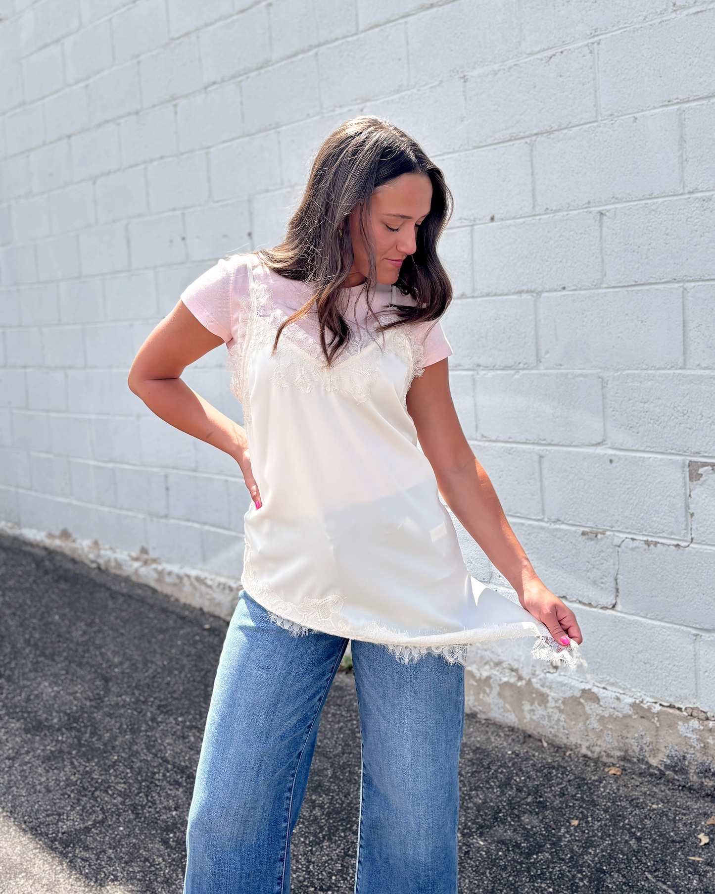 Satin slip top with lace trim