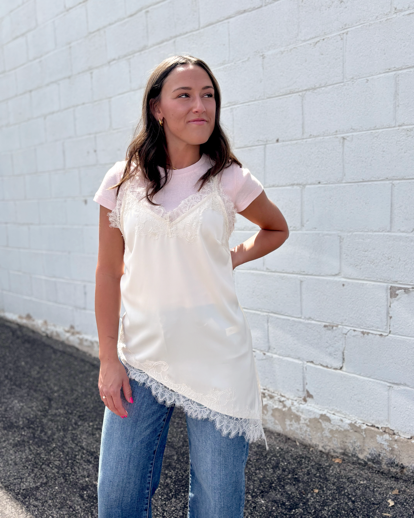 Satin slip top with lace trim