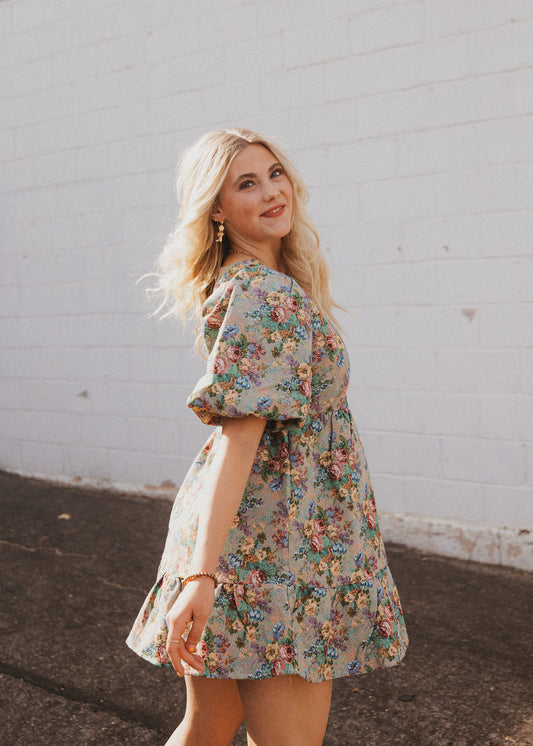 jacquard floral mini dress with puff sleeves