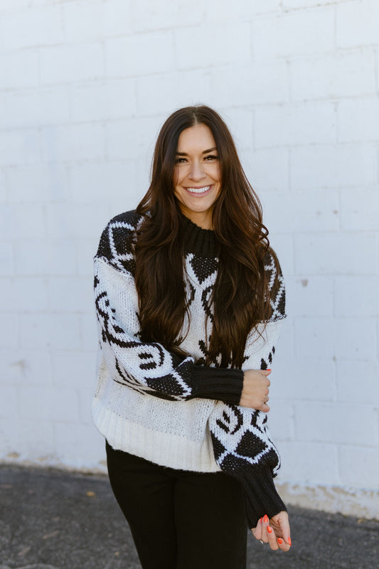 Black and white jacquard knit sweater