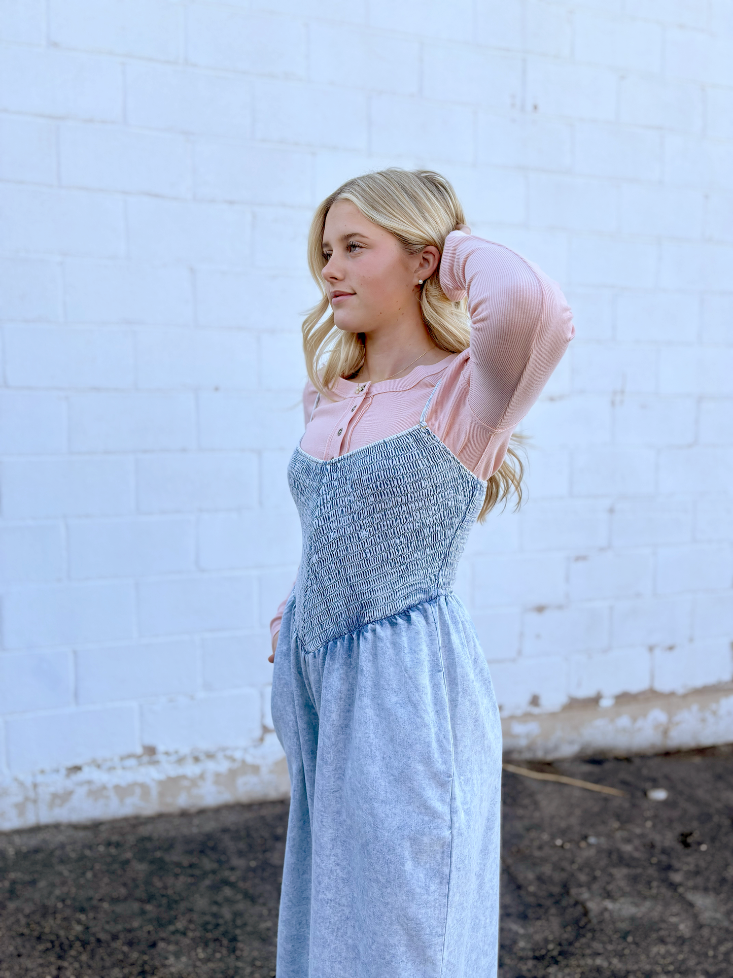 chambray jumpsuit with ruched bodice and wide legs