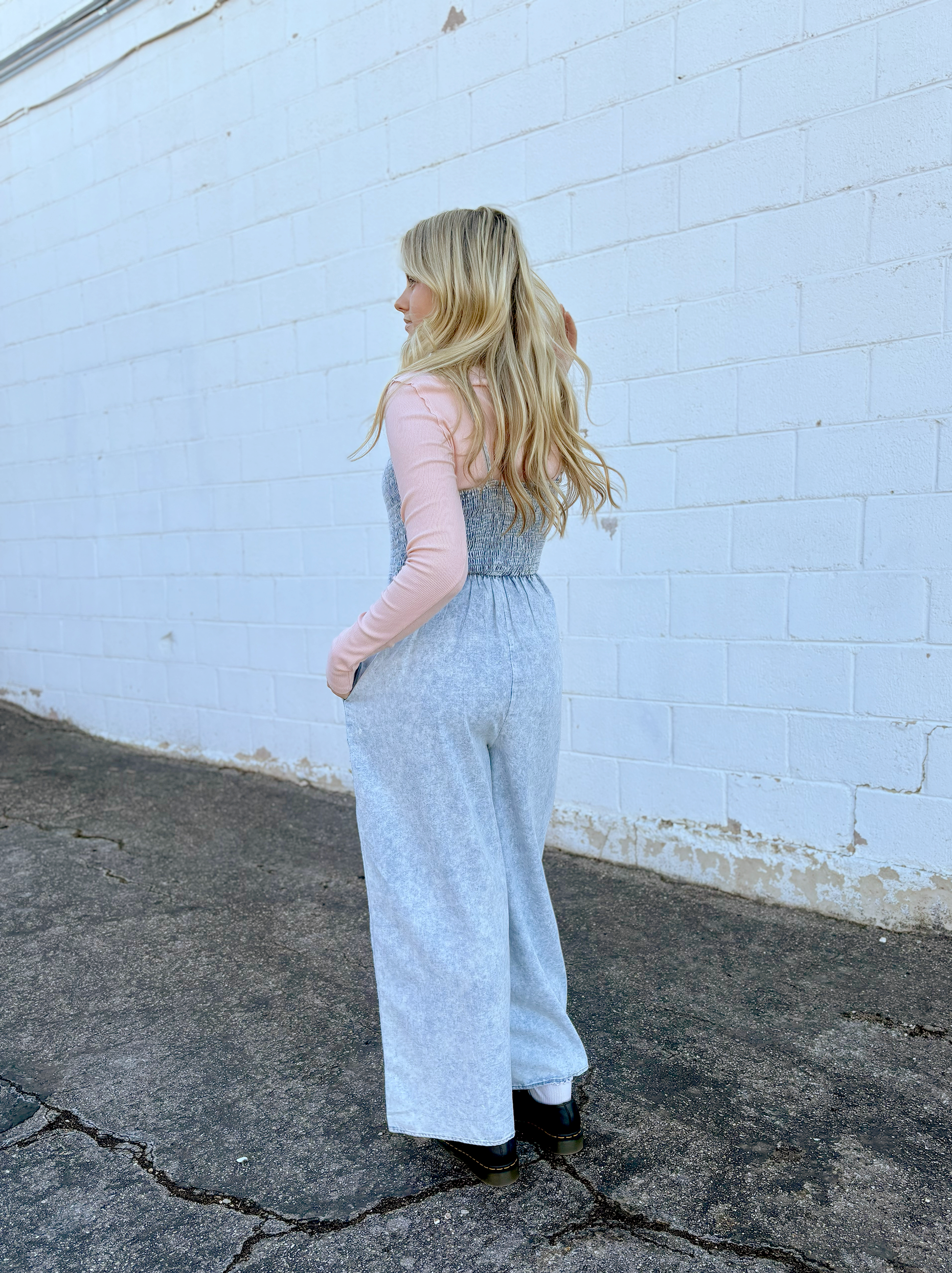 chambray jumpsuit with ruched bodice and wide legs
