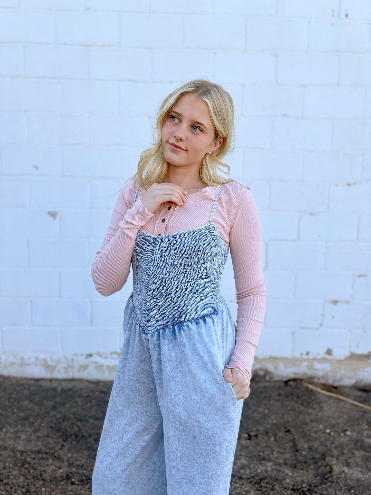 chambray jumpsuit with ruched bodice and wide legs