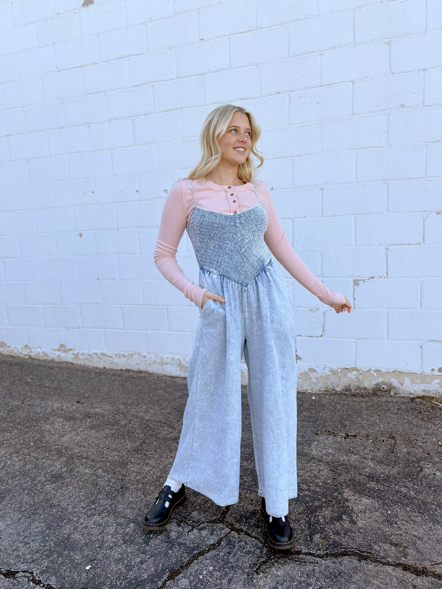 chambray jumpsuit with ruched bodice and wide legs