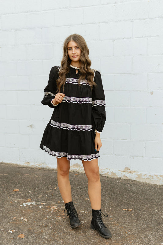 Black dress with ivory lace trim