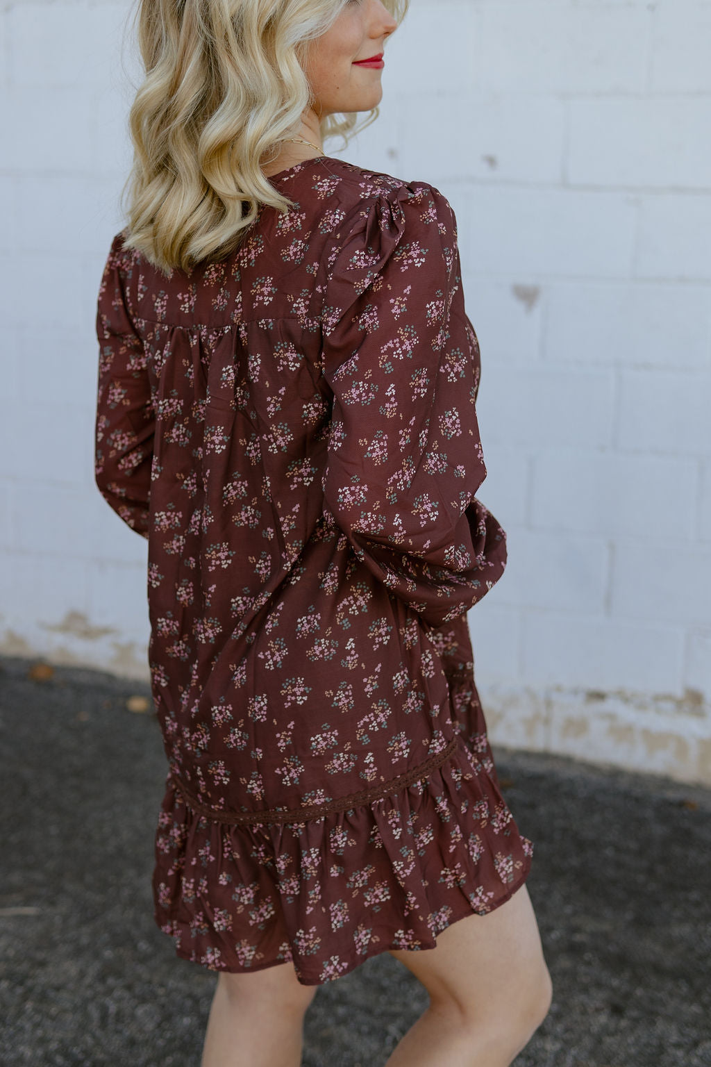 maroon babydoll dress with light pink velvet ribbon