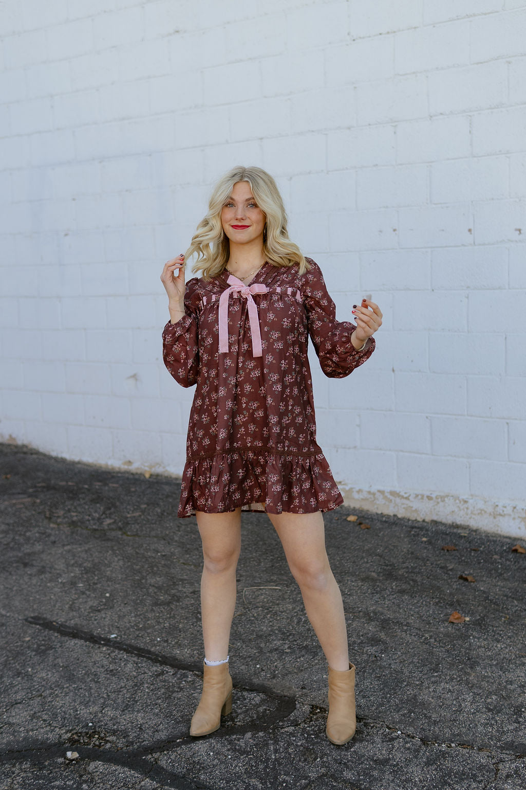 maroon babydoll dress with light pink velvet ribbon