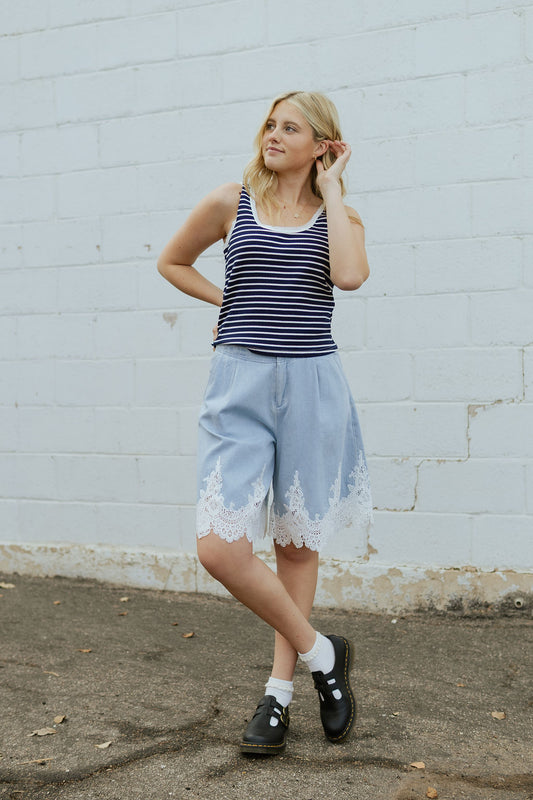 Navy tank with white stripes