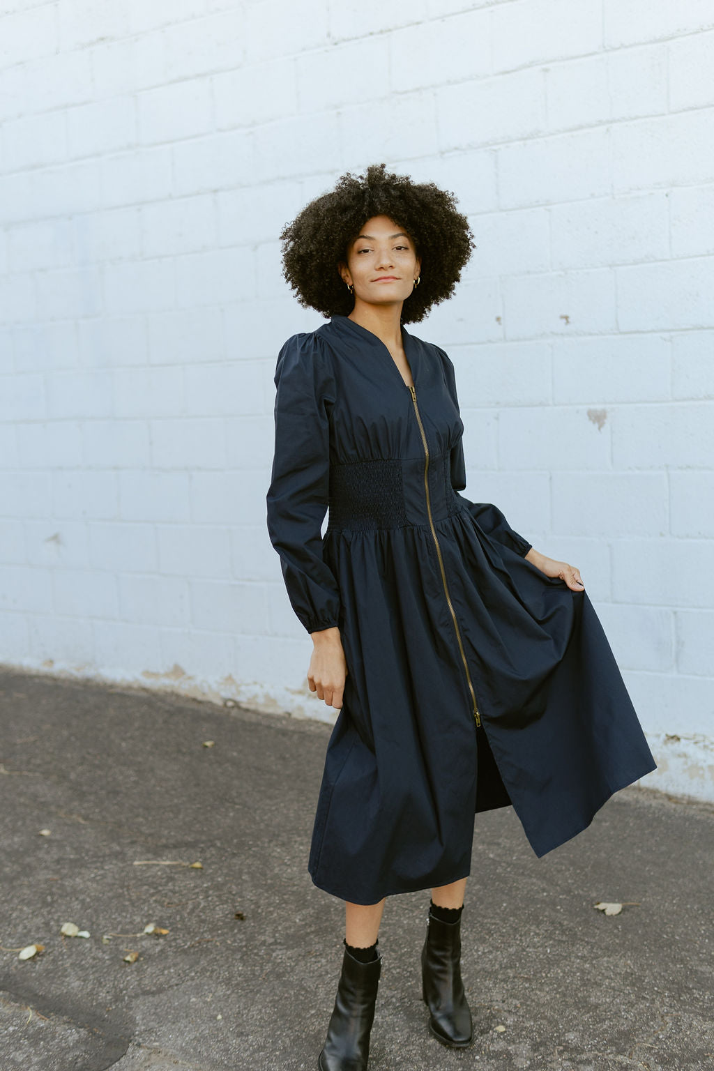 Navy dress with long sleeves and full front zipper