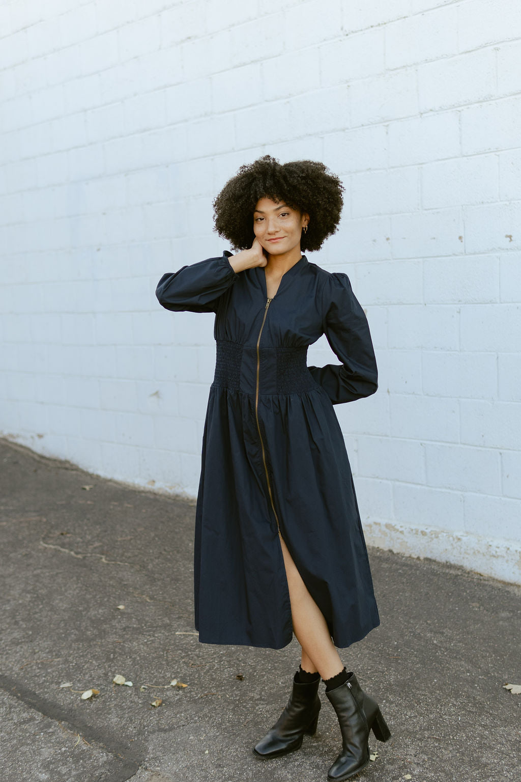 Navy dress with long sleeves and full front zipper