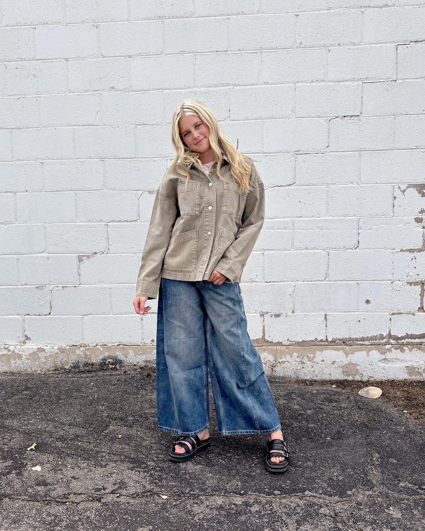 light olive barn jacket with snaps up the front