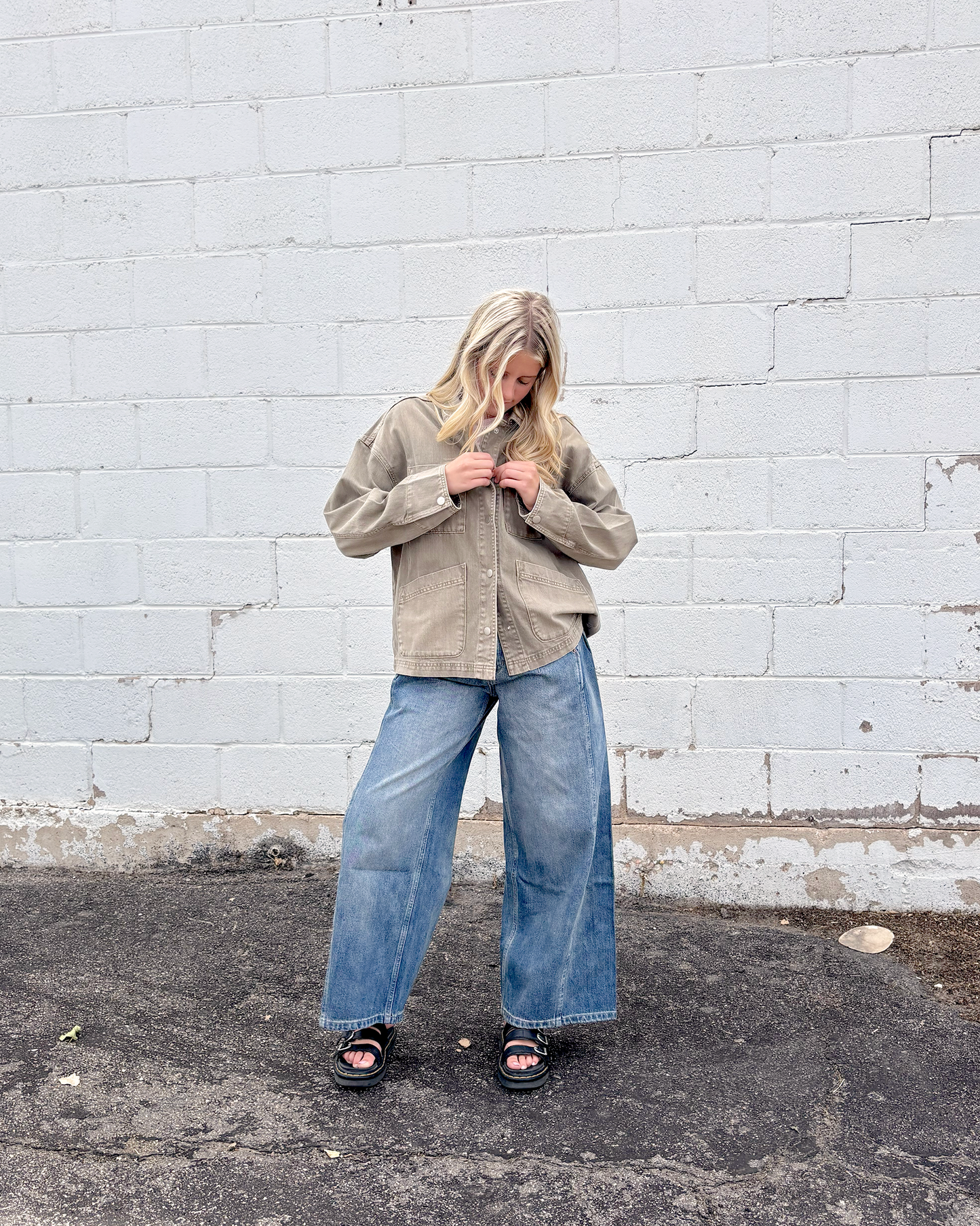 light olive barn jacket with snaps up the front