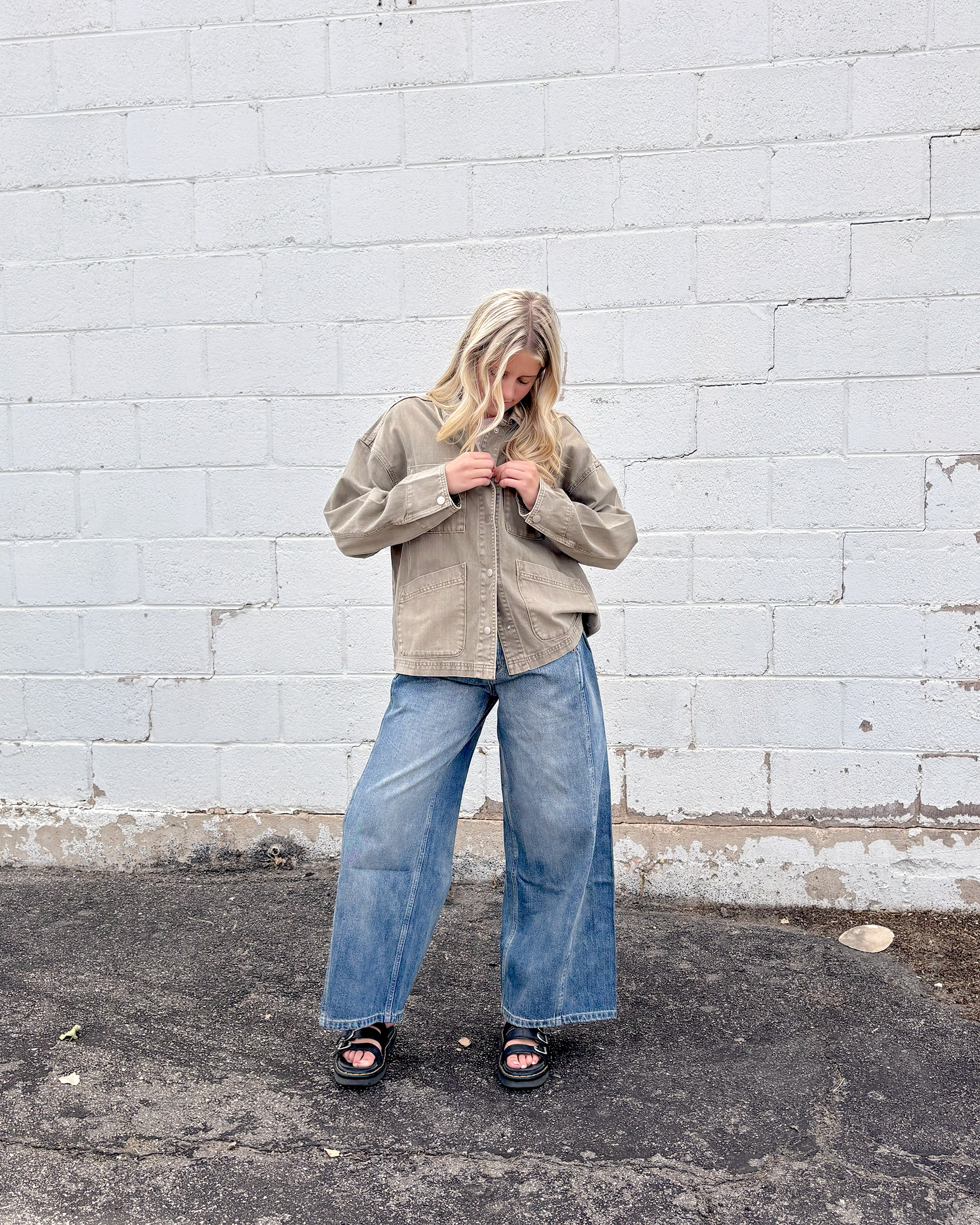 light olive barn jacket with snaps up the front