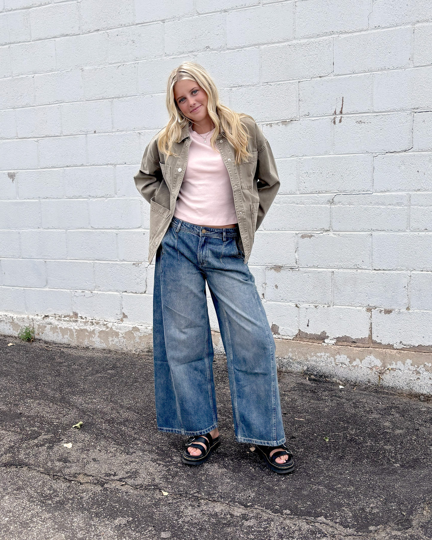 light olive barn jacket with snaps up the front