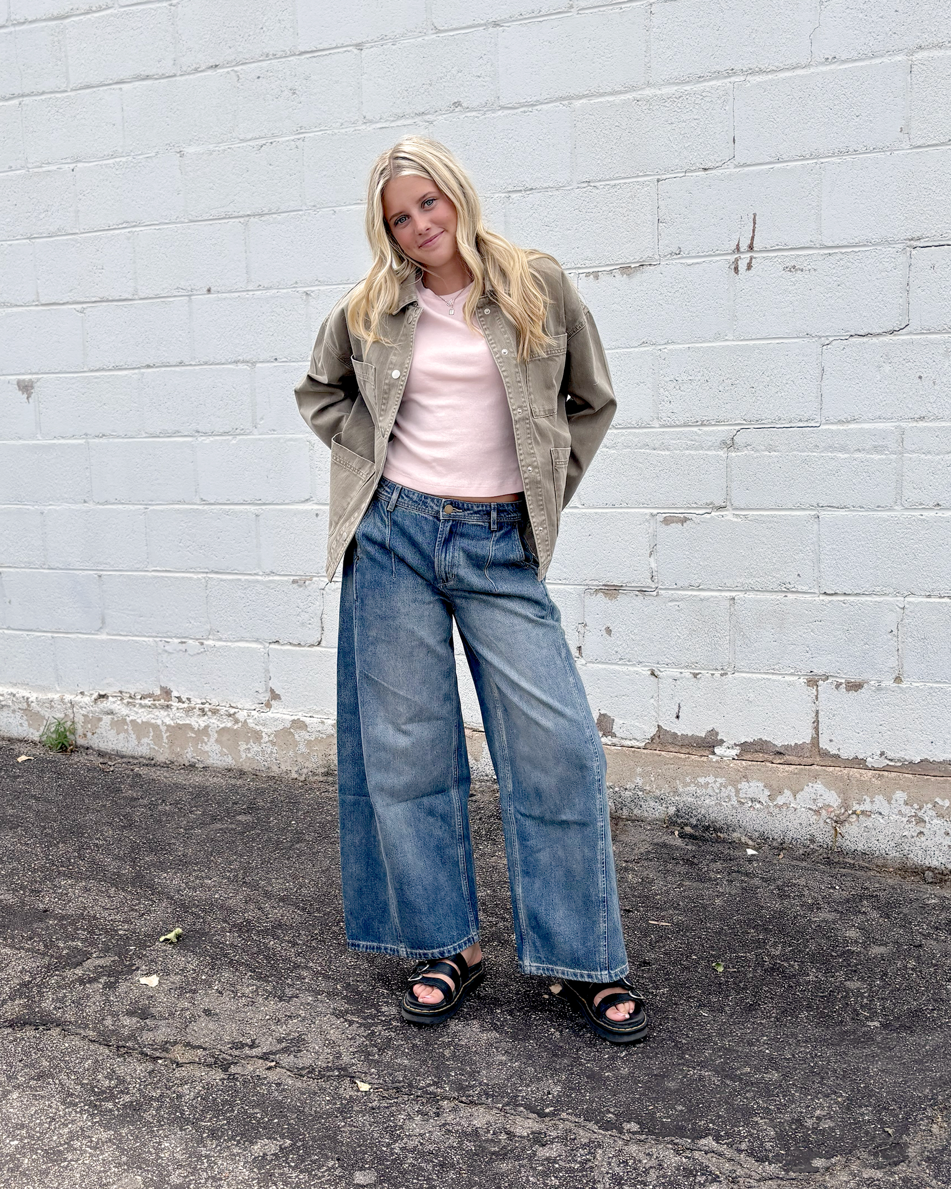 light olive barn jacket with snaps up the front