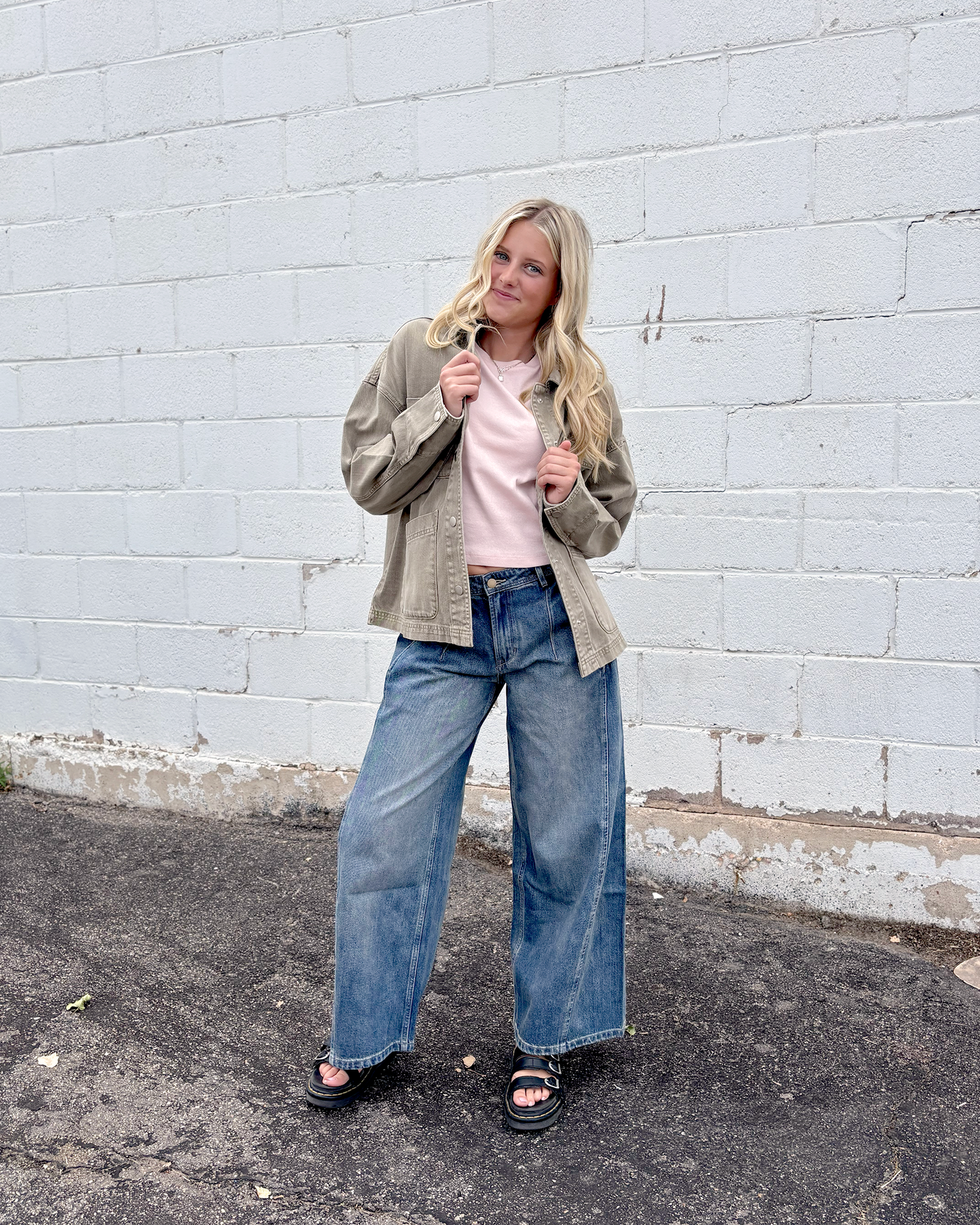 light olive barn jacket with snaps up the front