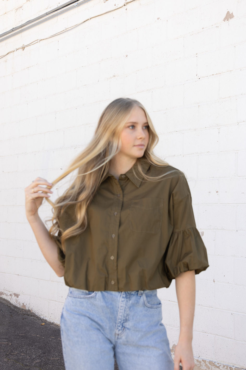Olive button up crop top with puff sleeves