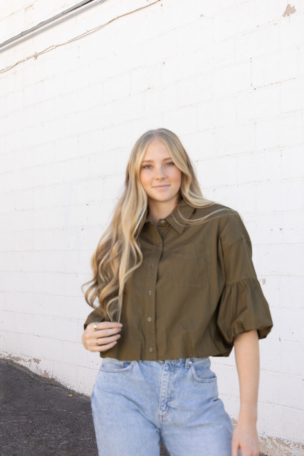 Olive button up crop top with puff sleeves