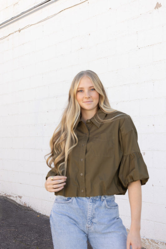 Olive button up crop top with puff sleeves