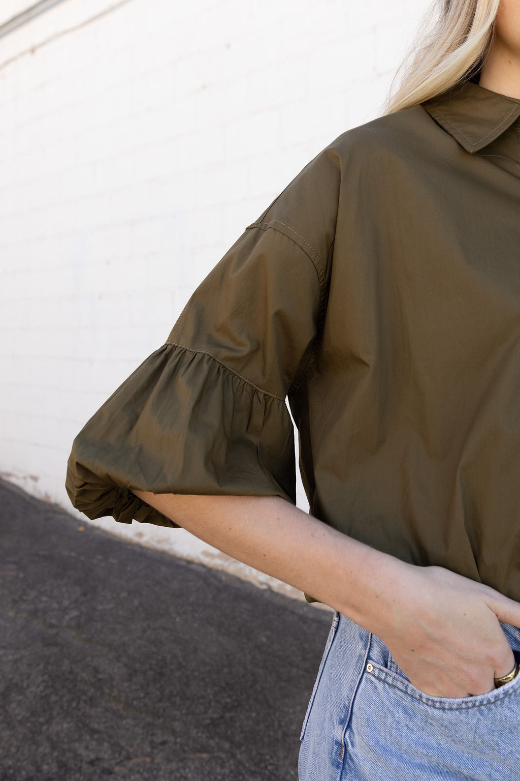 Olive button up crop top with puff sleeves