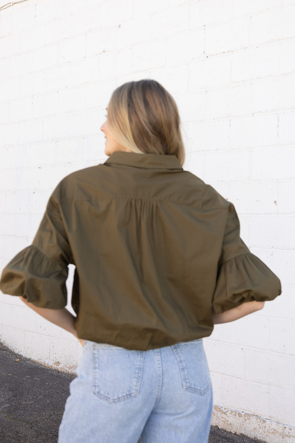 Olive button up crop top with puff sleeves