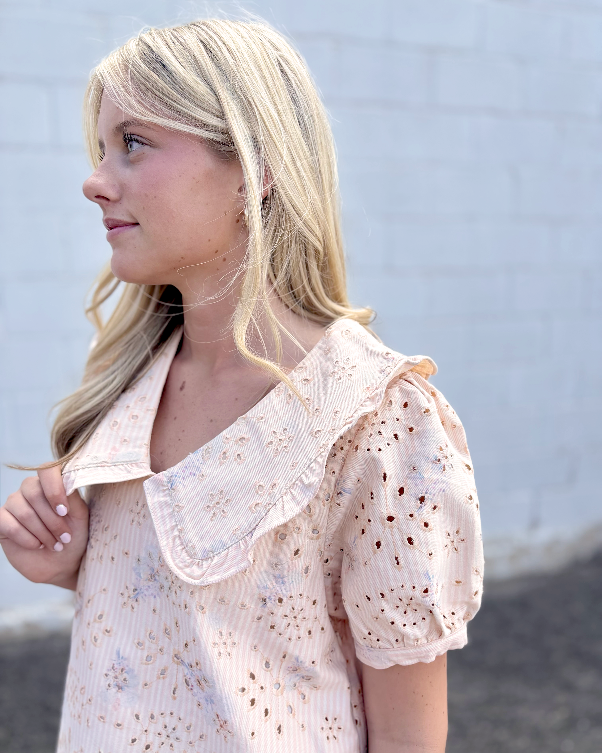 Peachy pink striped denim dress with peter pan collar and puff sleeves