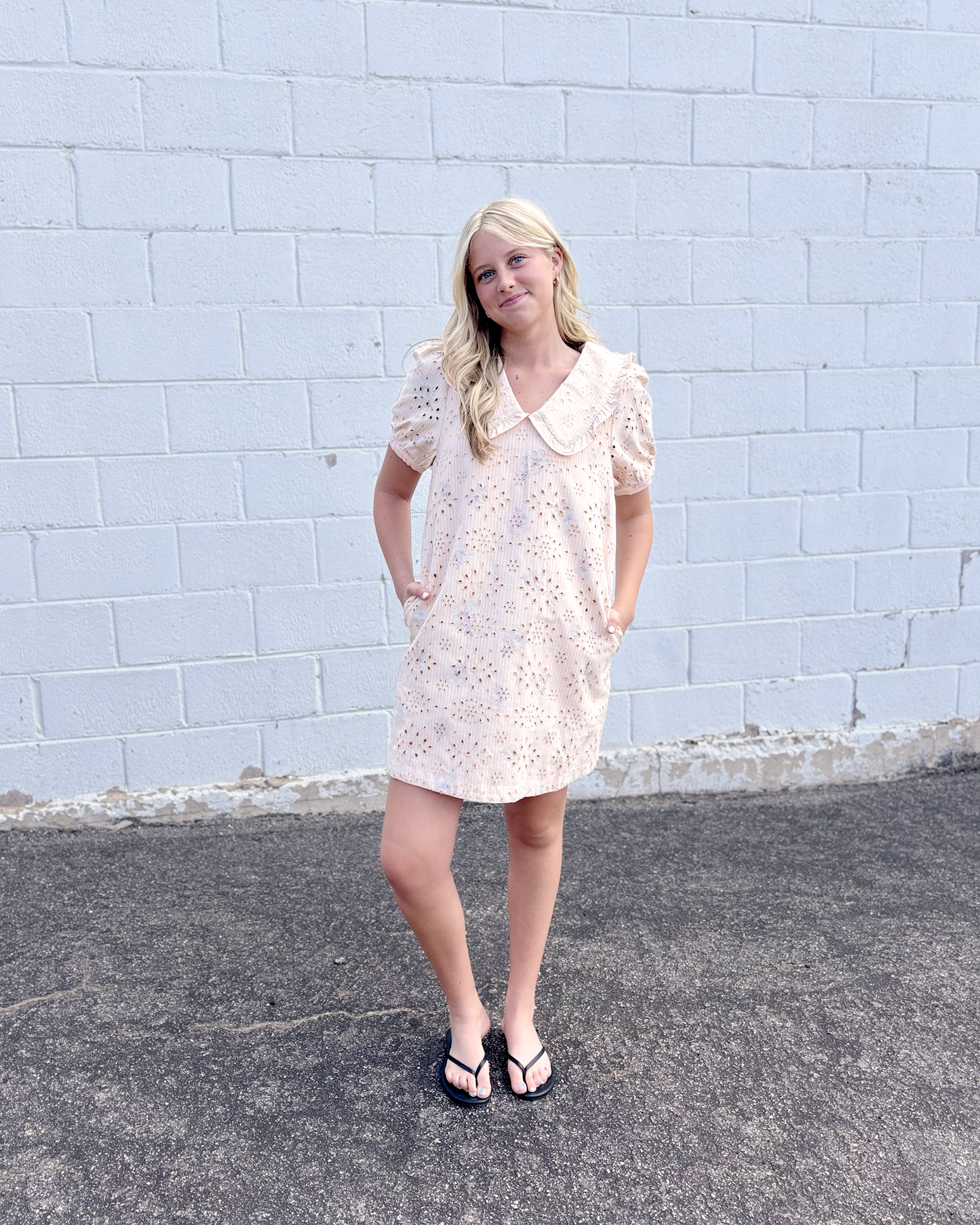 Peachy pink striped denim dress with peter pan collar and puff sleeves