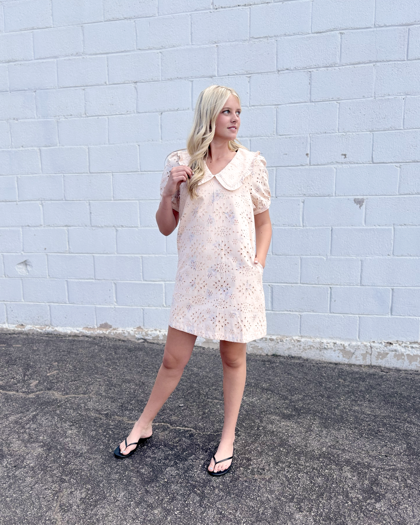 Peachy pink striped denim dress with peter pan collar and puff sleeves