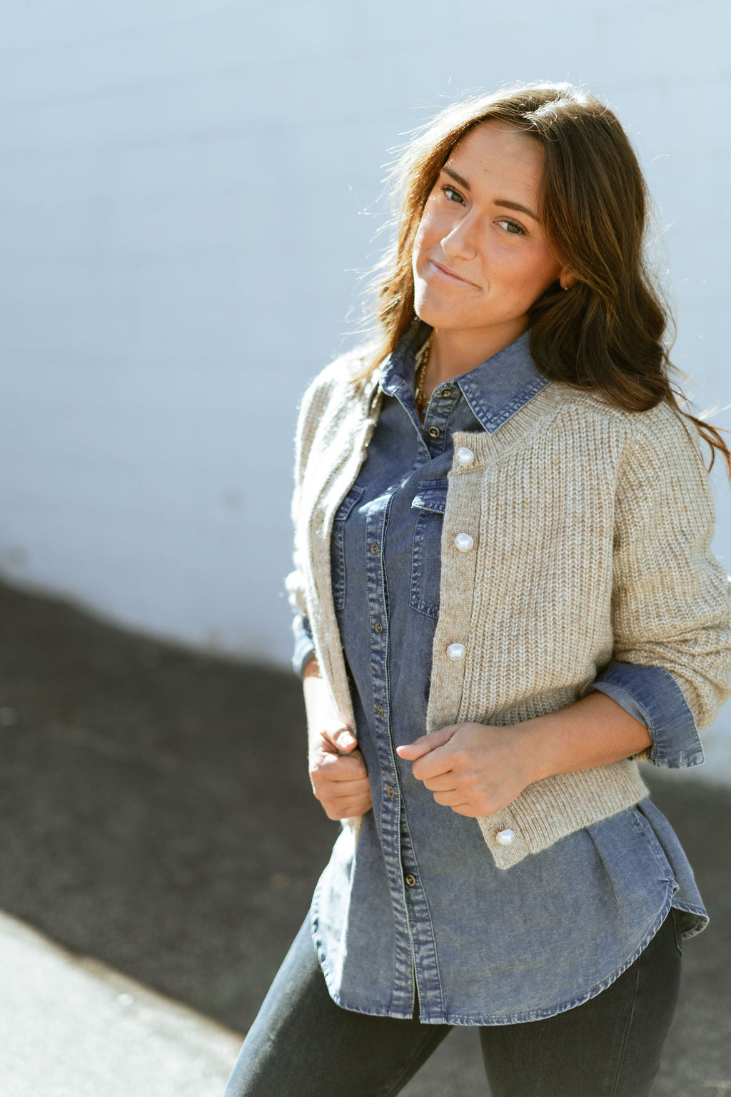 tan cardigan with pearl buttons