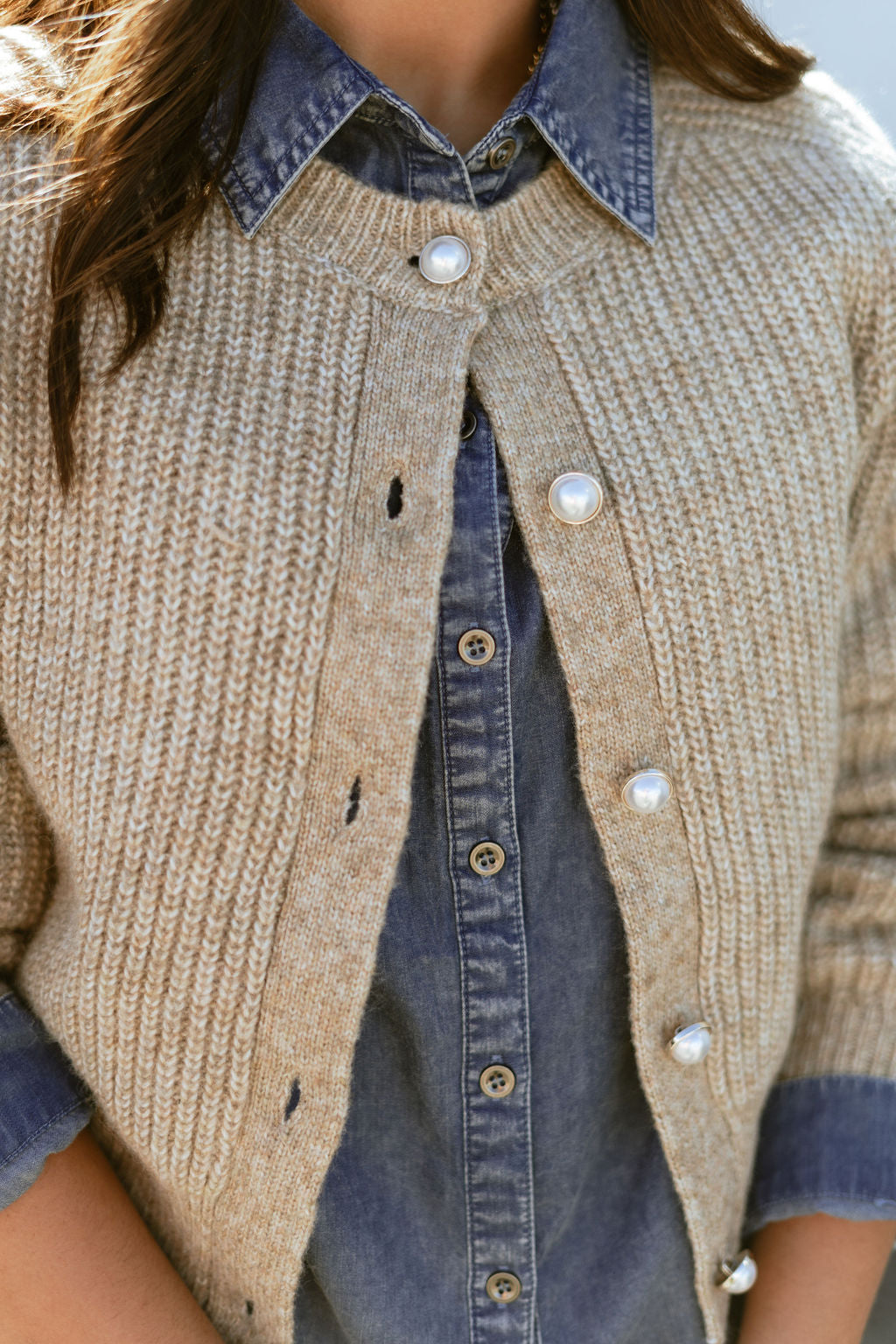 tan cardigan with pearl buttons