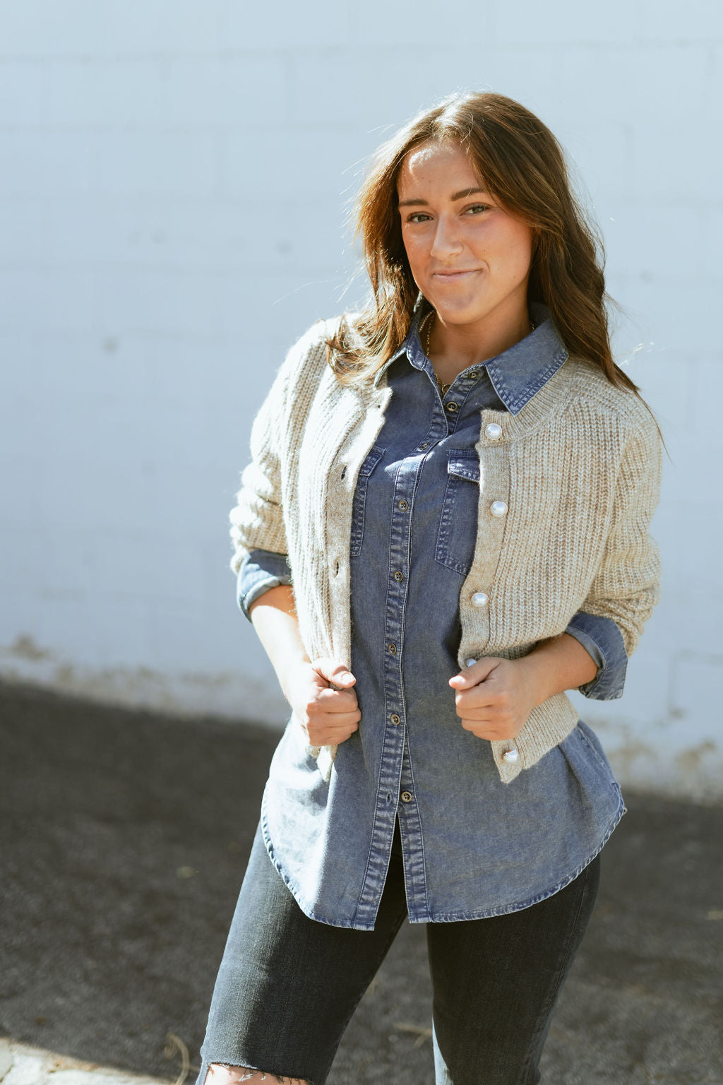 tan cardigan with pearl buttons