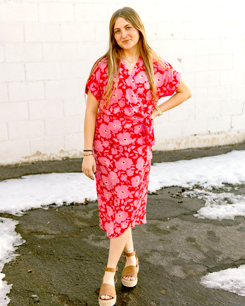 pink and red floral wrap dress